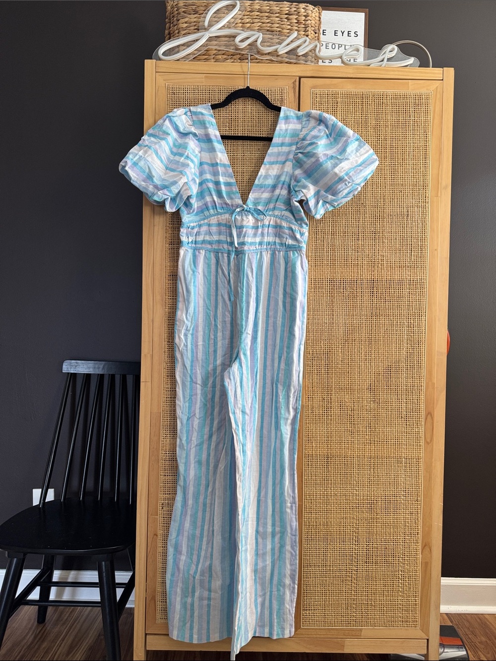 Striped Blue & White Puff-Sleeve Jumpsuit